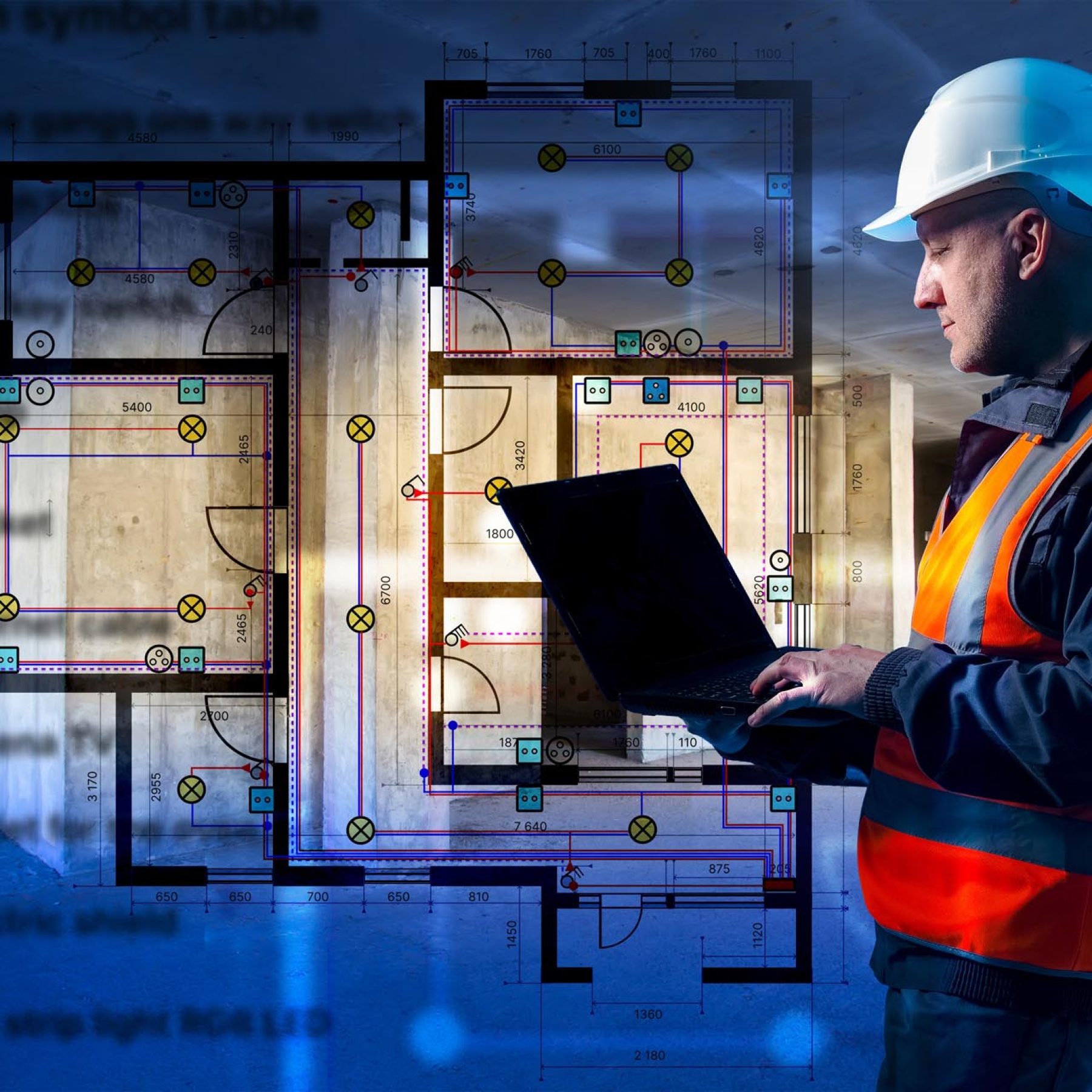 Engineer in safety gear reviews electrical wiring plan on laptop at construction site, interior blueprint with lighting and socket layout — Electrical engineering, construction.