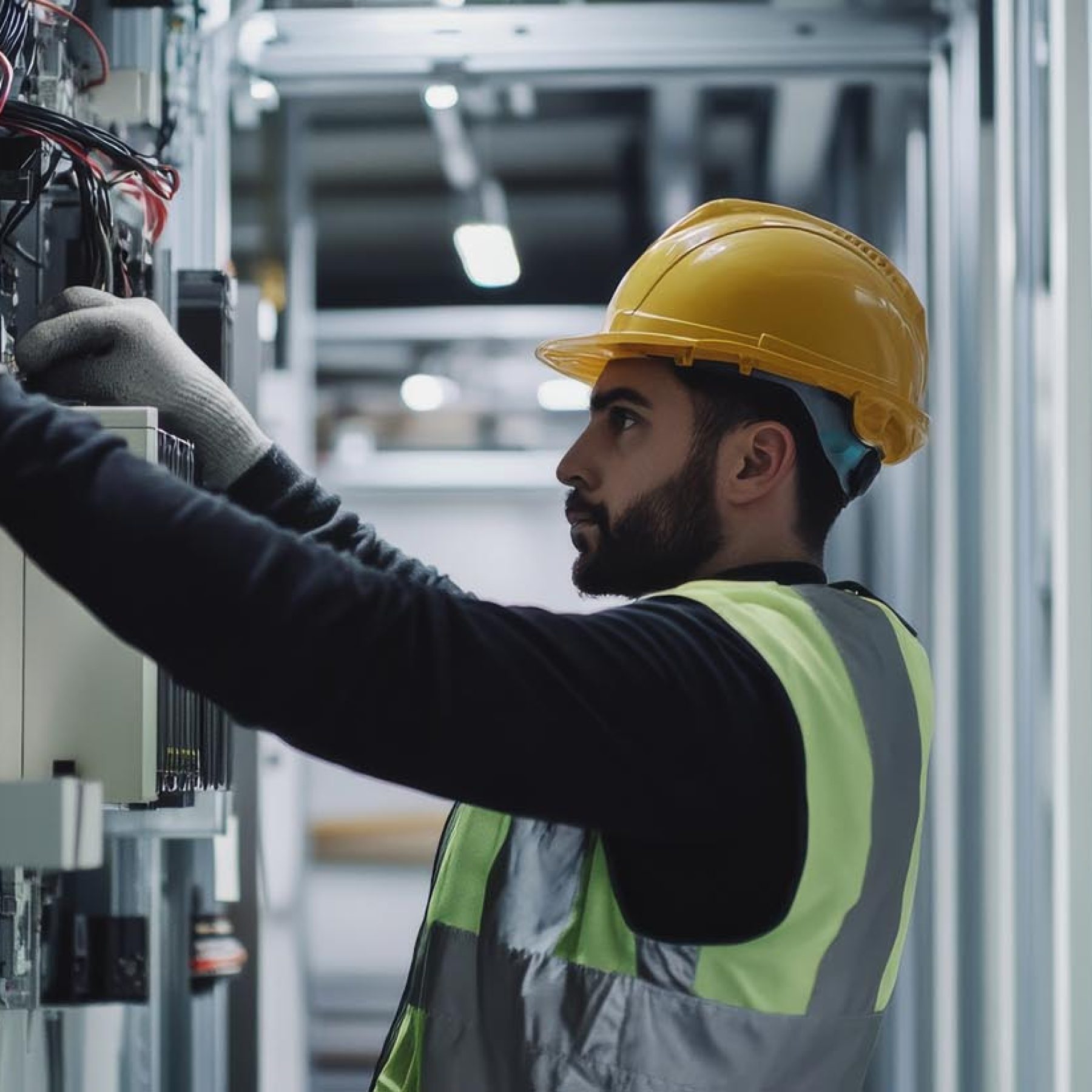 A detailed shot of an electrician installing electrical panels i